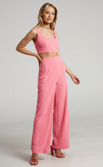 Elibeth Two Piece Set - Crop Top and High Waisted Wide Leg Pants in Bubblegum Pink