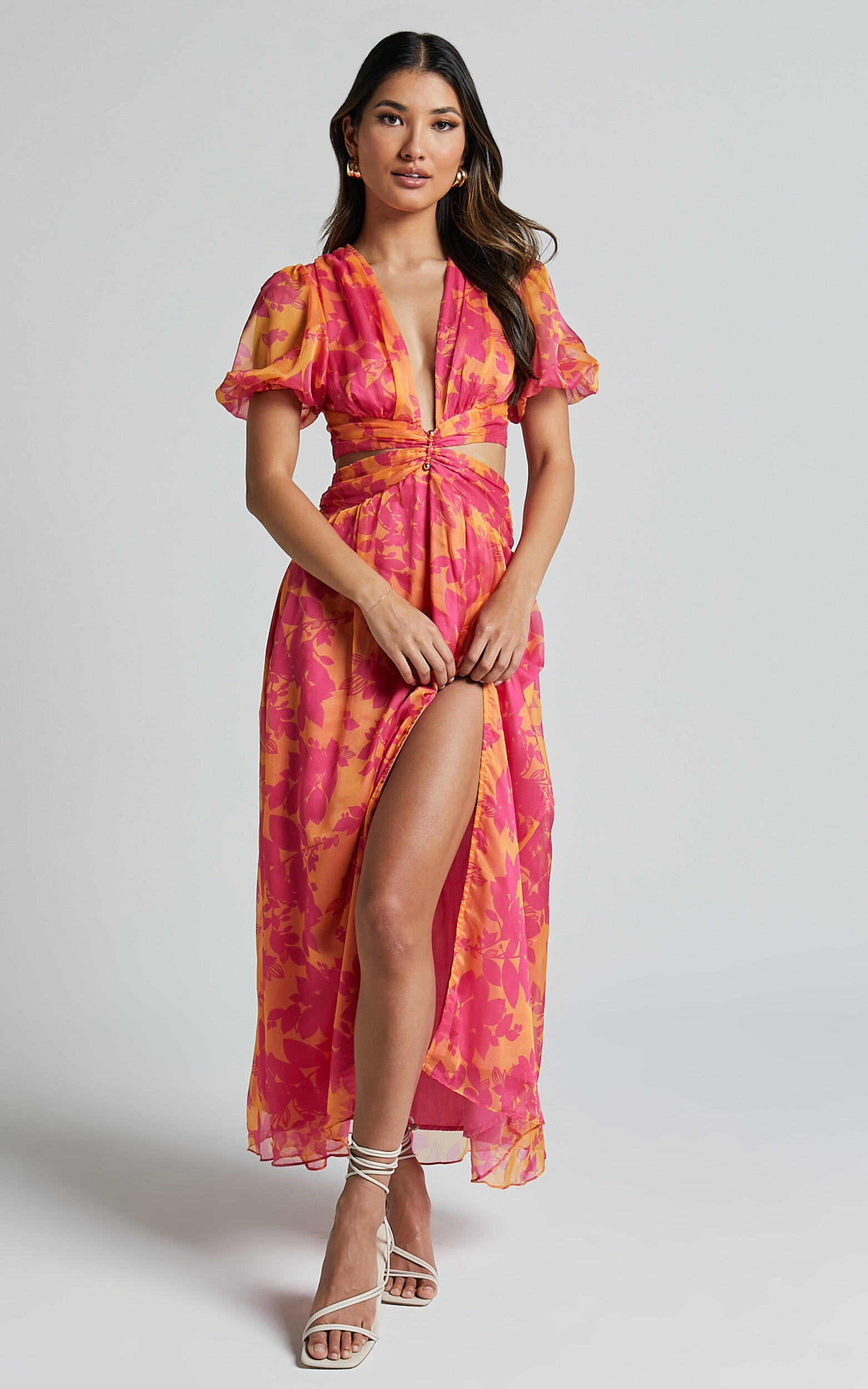 Lindey Midi Dress - Side Cut Plunge Neck Puff Sleeve Dress in Pink and Orange Floral - 06, PNK1