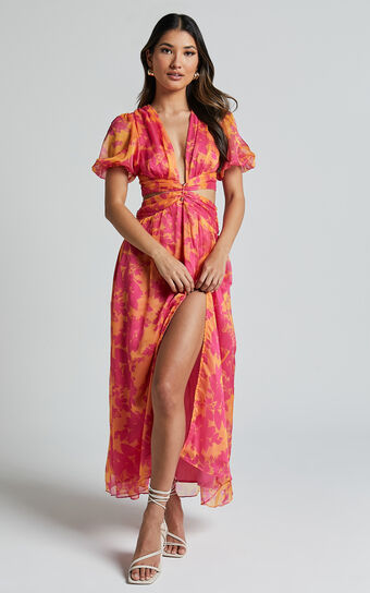 Lindey Midi Dress - Side Cut Plunge Neck Puff Sleeve Dress in Pink and Orange Floral