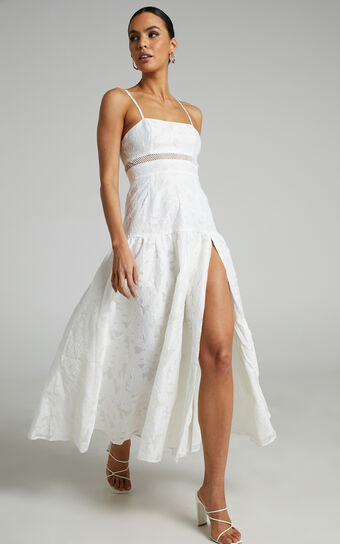Isabel Trim Detail Thigh Split Drop Waist Midi Dress in White