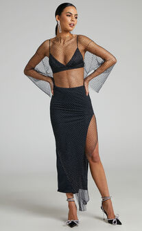 Hanica Midaxi Dress - Diamante Mesh Long Sleeve Dress in Black