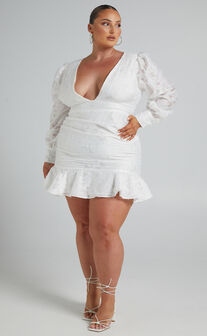 Baxia Textured Balloon Sleeve Mini Dress in White
