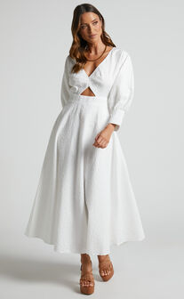 Ashtina Midi Dress - V Neck Cut Out Puff Sleeve Dress in White