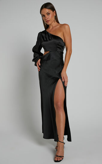 Arichie Maxi Dress - Cut Out One Shoulder Balloon Sleeve Dress in Black