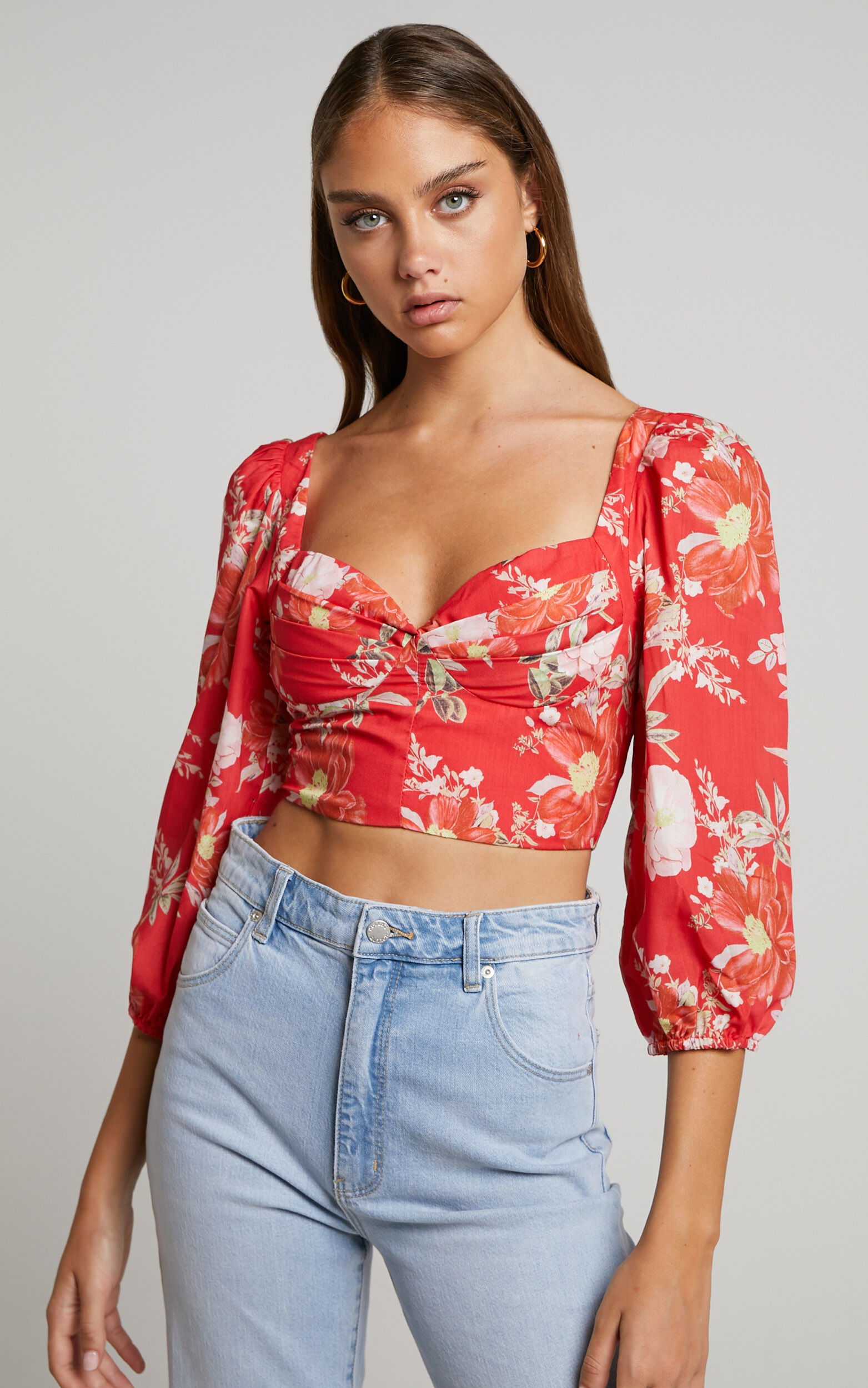 Viveca Top - Pleated Bust Balloon Sleeve Cropped Top in Rosie Floral - 06, RED1, super-hi-res image number null