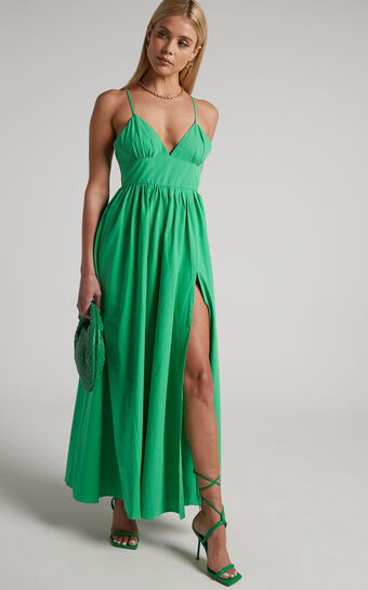 Haydie Maxi Dress - V Neck Thigh Split Dress in Green