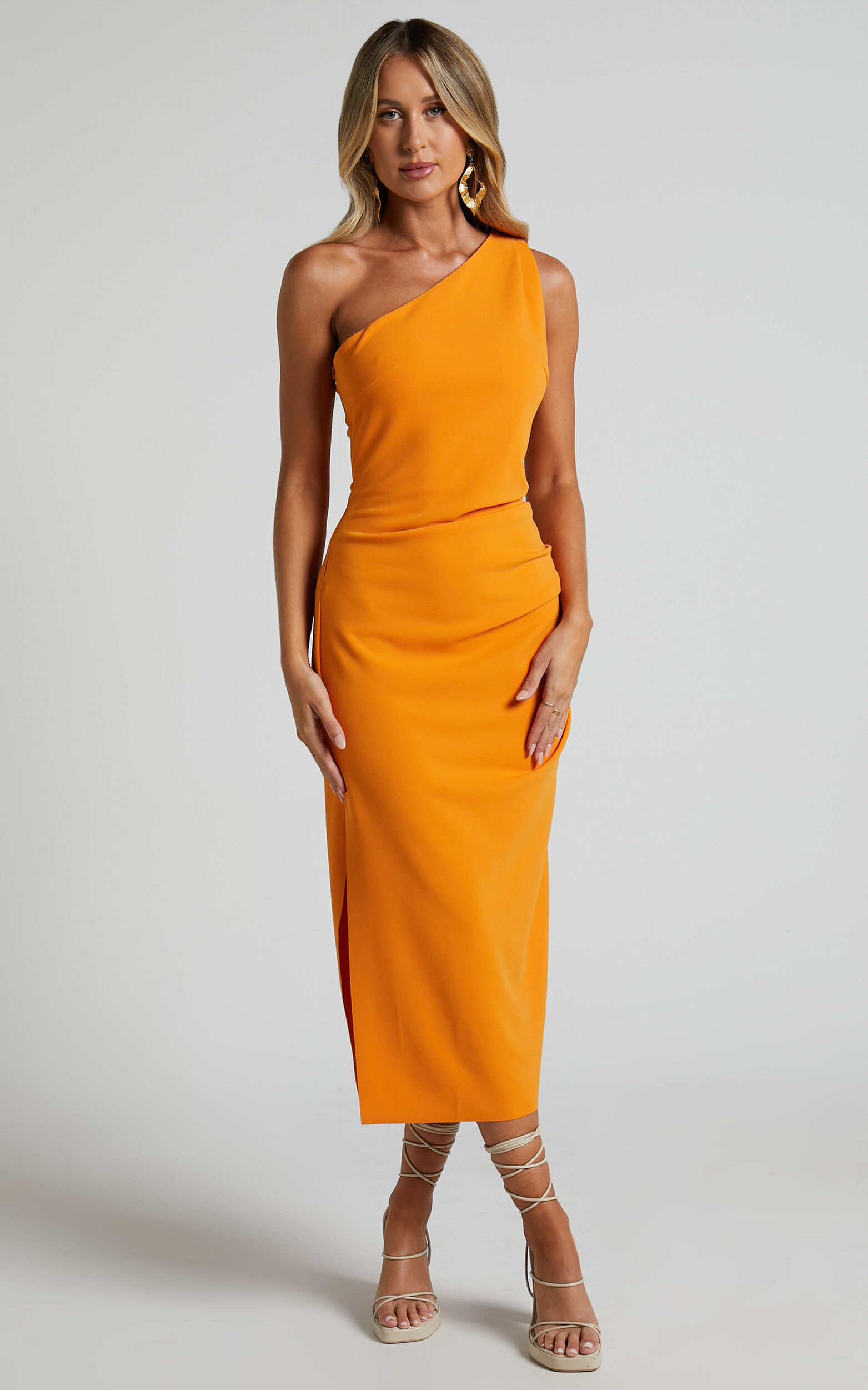 Monette Midi Dress One Shoulder Straight Dress in Orange Showpo