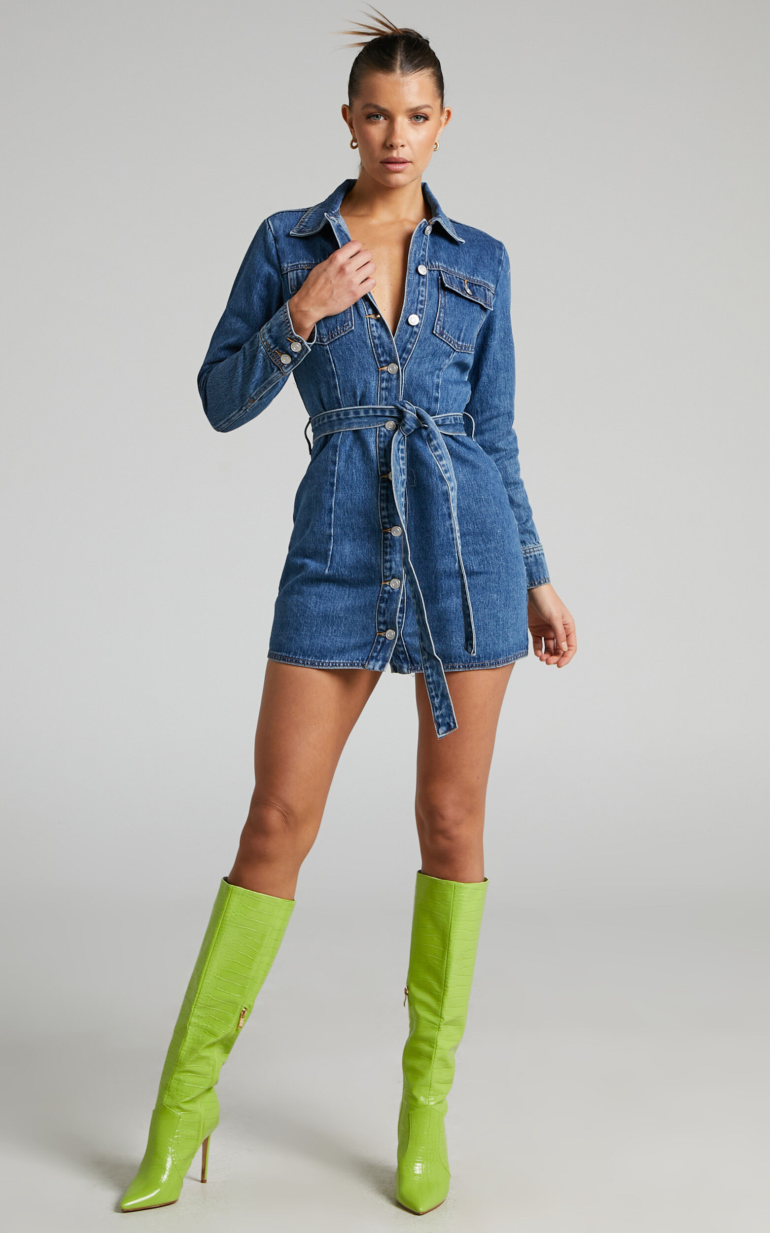 Enriquetta Recycled Cotton Long Sleeve Button Through Denim Mini Dress in Blue - 04, BLU1, super-hi-res image number null