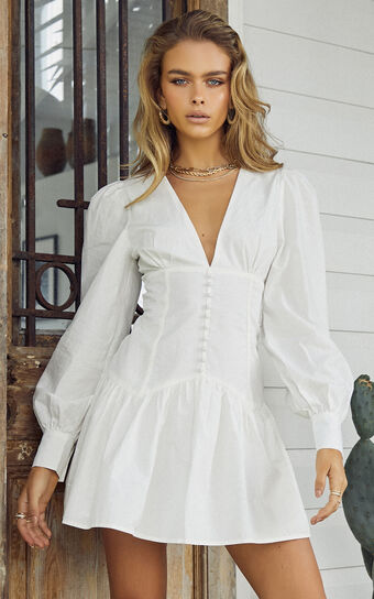 Carlyle Long Sleeve Mini Dress with Corset Detailing in White