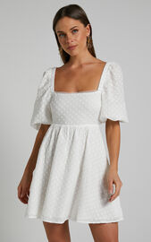 Gabien Mini Dress - Square Neck Blouson Sleeve Dress in White | Showpo USA