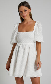 Gabien Square Neck Blouson Sleeve Mini Dress in White