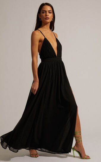 Shes A Delight Midaxi Dress - Plunge Thigh Split Dress in Black