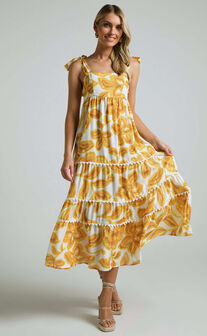 Aleka Maxi Dress - Tie Up Wide Strap Tiered Dress in Sunshine Floral