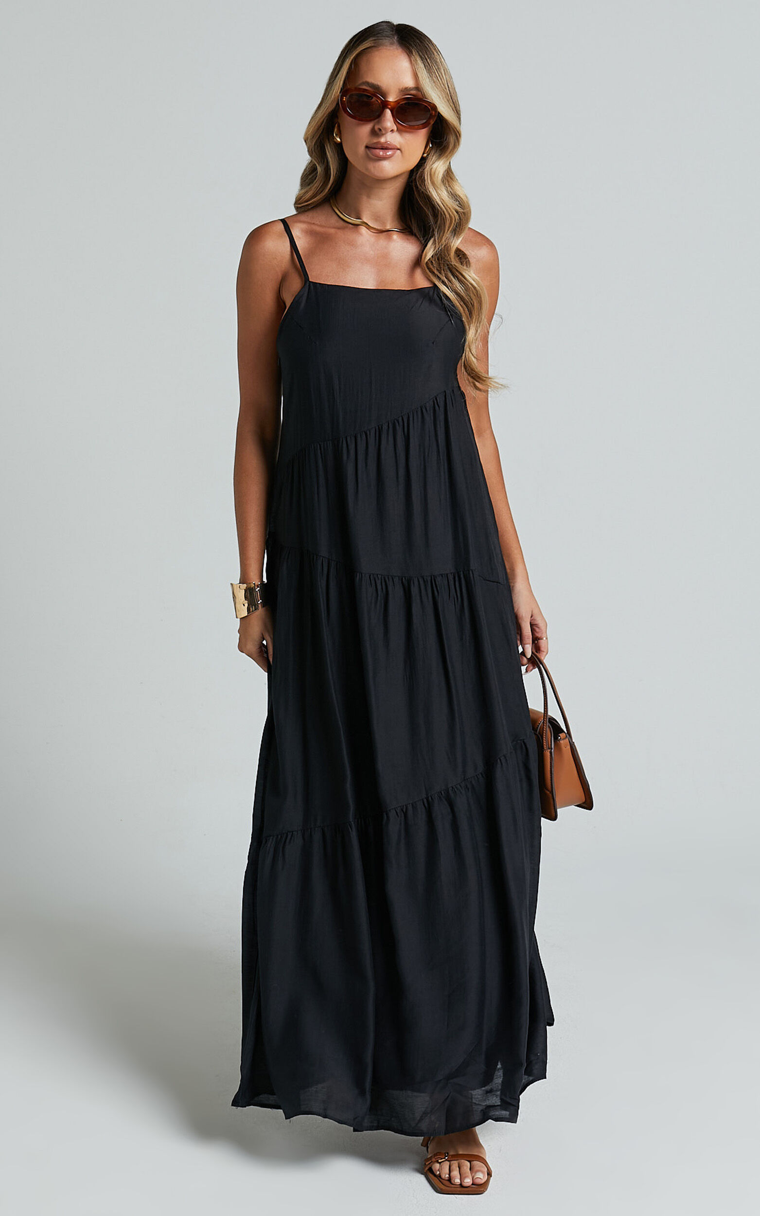Cecila Midi Dress - Straight Neckline Sleeveless Dress in Black - 06, BLK1