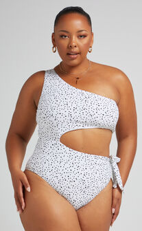 Bimini Recycled Nylon Waist Cut Out One Shoulder One Piece in Cream Spot