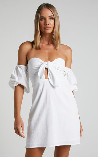 Altair Mini Dress - Tie Front Cut Out Off Shoulder Dress in White