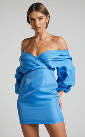 Anastasija Mini Dress - Off Shoulder V Neck Dress in Blue