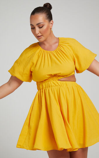 Hadley Puff Sleeve Cut Out Mini Dress in Yellow