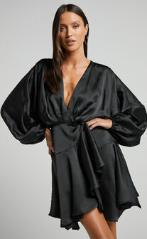 Campbell Mini Dress - V Neck Wrap Skirt Batwing Sleeve Dress in Black