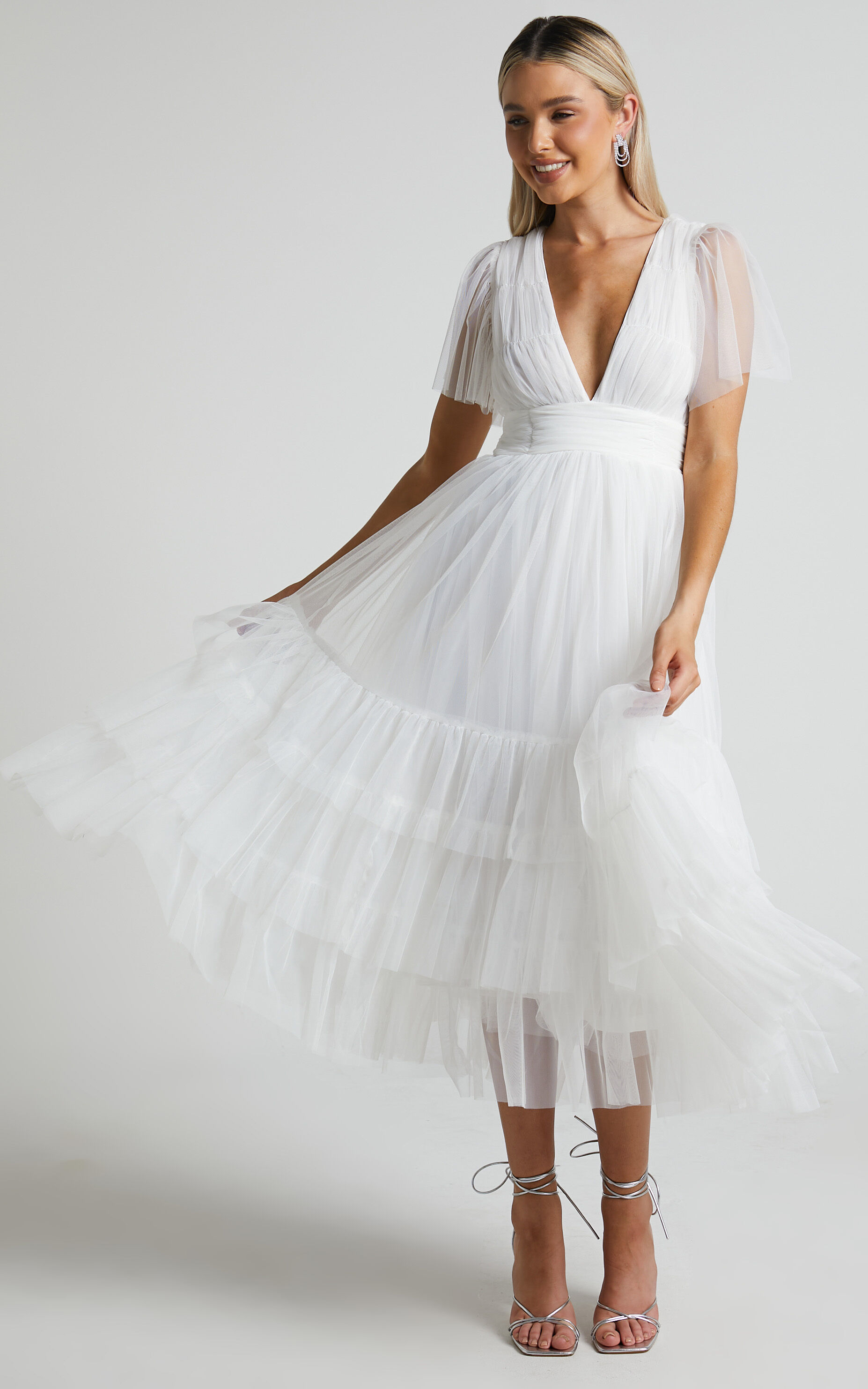 Jiraye Flutter Sleeve Plunge Midi Dress in White - 06, WHT1, super-hi-res image number null