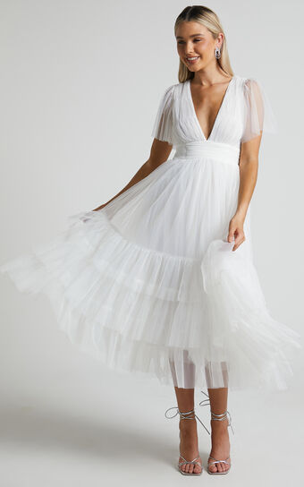 Jiraye Midi Dress - Flutter Sleeve Tuelle Plunge Dress in White
