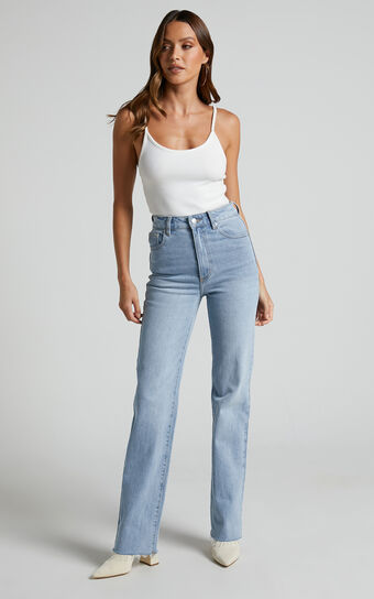 Dexter High Waisted Straight Leg Denim Jeans in Mid Blue Wash