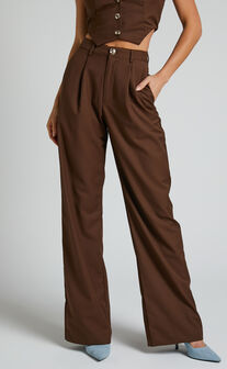 Izara Trousers - Mid Rise Relaxed Straight Leg Tailored Trousers in Chocolate