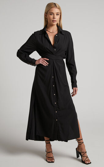 Trinidad Twist Front Button Through Maxi Dress in Black