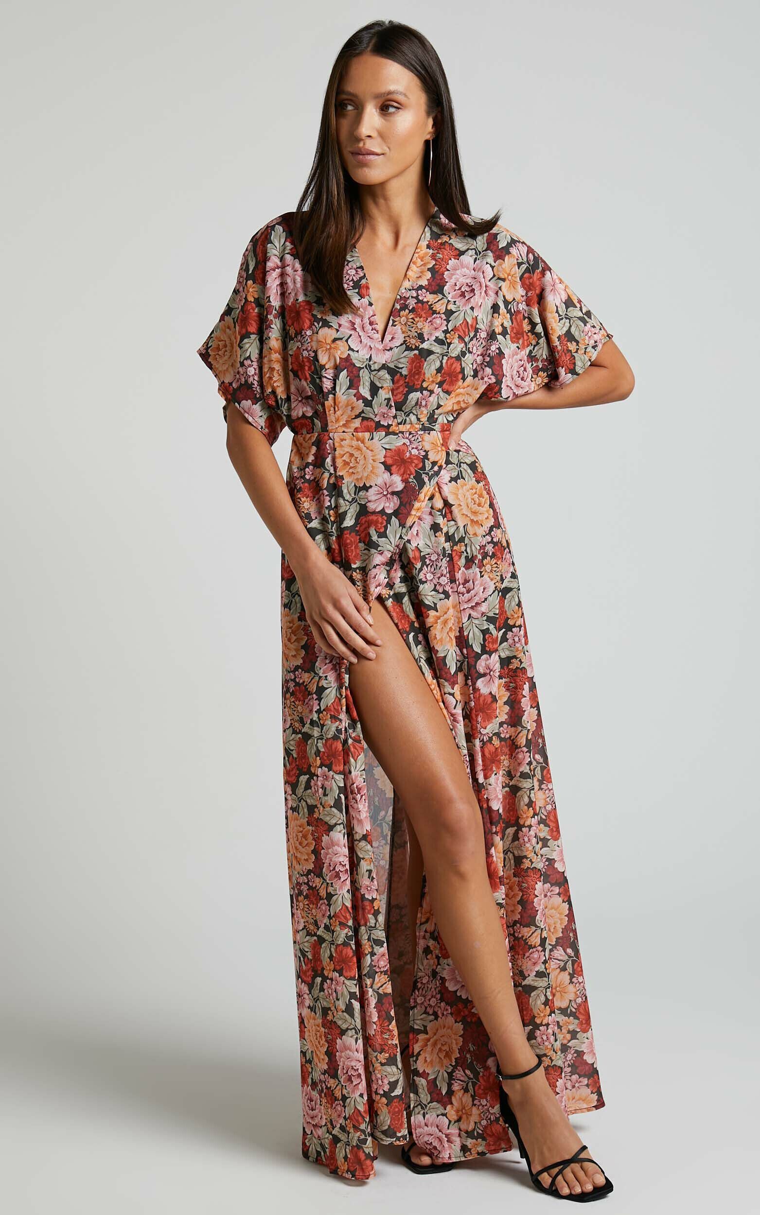 Erenza Midaxi Dress - Extended Sleeve Wrap Dress in Boheme Floral - 04, BRN1