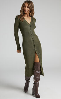 Leahanna Button Front Knit Midi Dress in Olive