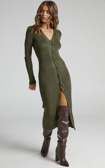 Leahanna Button Front Knit Midi Dress in Olive