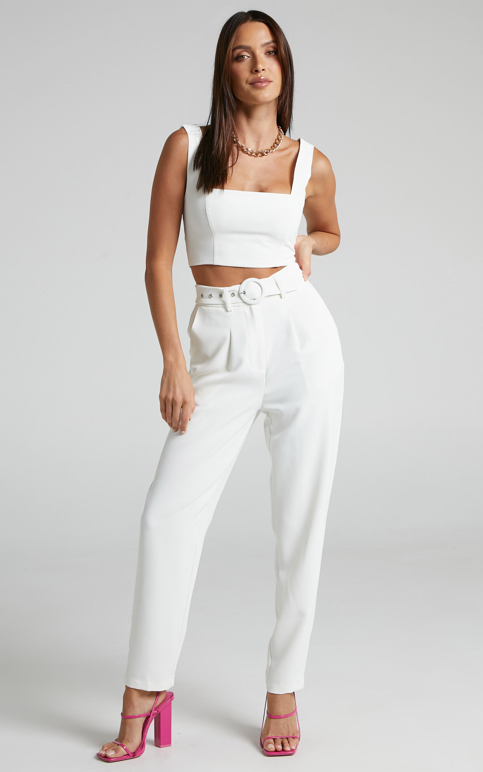 Reyna Two Piece Set - Crop Top and Tailored Pants Set in White - 04, WHT1