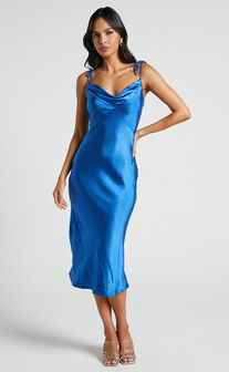 Romilly Midi Dress - Tie Strap Cowl Neck Satin Dress in Cobalt