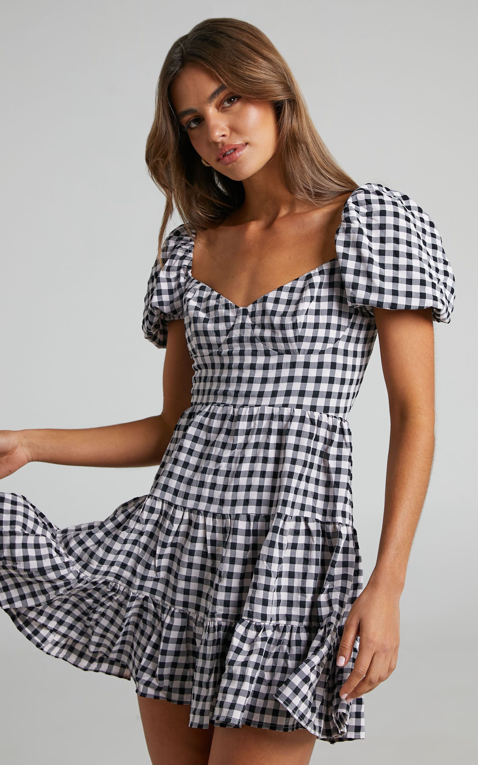 Mirai Sweetheart Tiered Puff Sleeve Mini Dress in Black and White Check - 06, BLK1, super-hi-res image number null