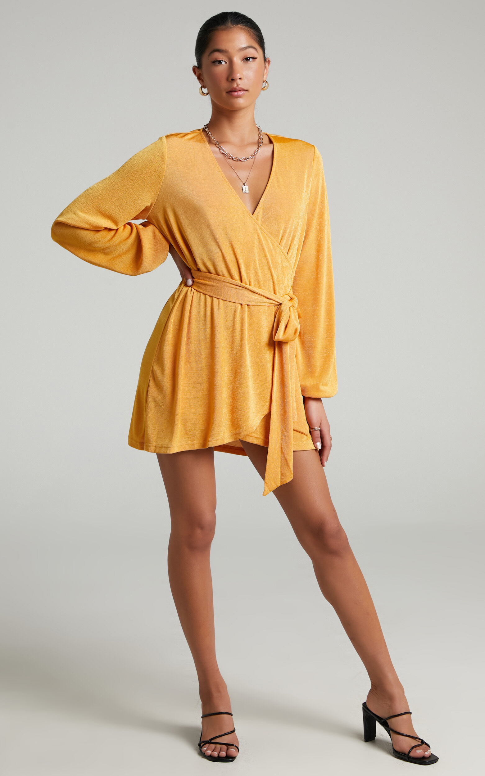 Kayley Wrap Centre Tie Mini Dress in Mango - 06, ORG2, super-hi-res image number null