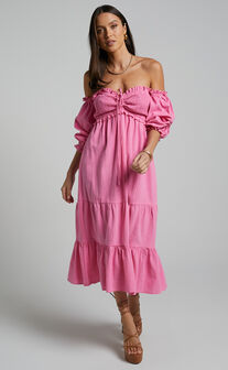 Nikka Midi Dress - Shirred Off Shoulder Puff Sleeve Dress in Pink