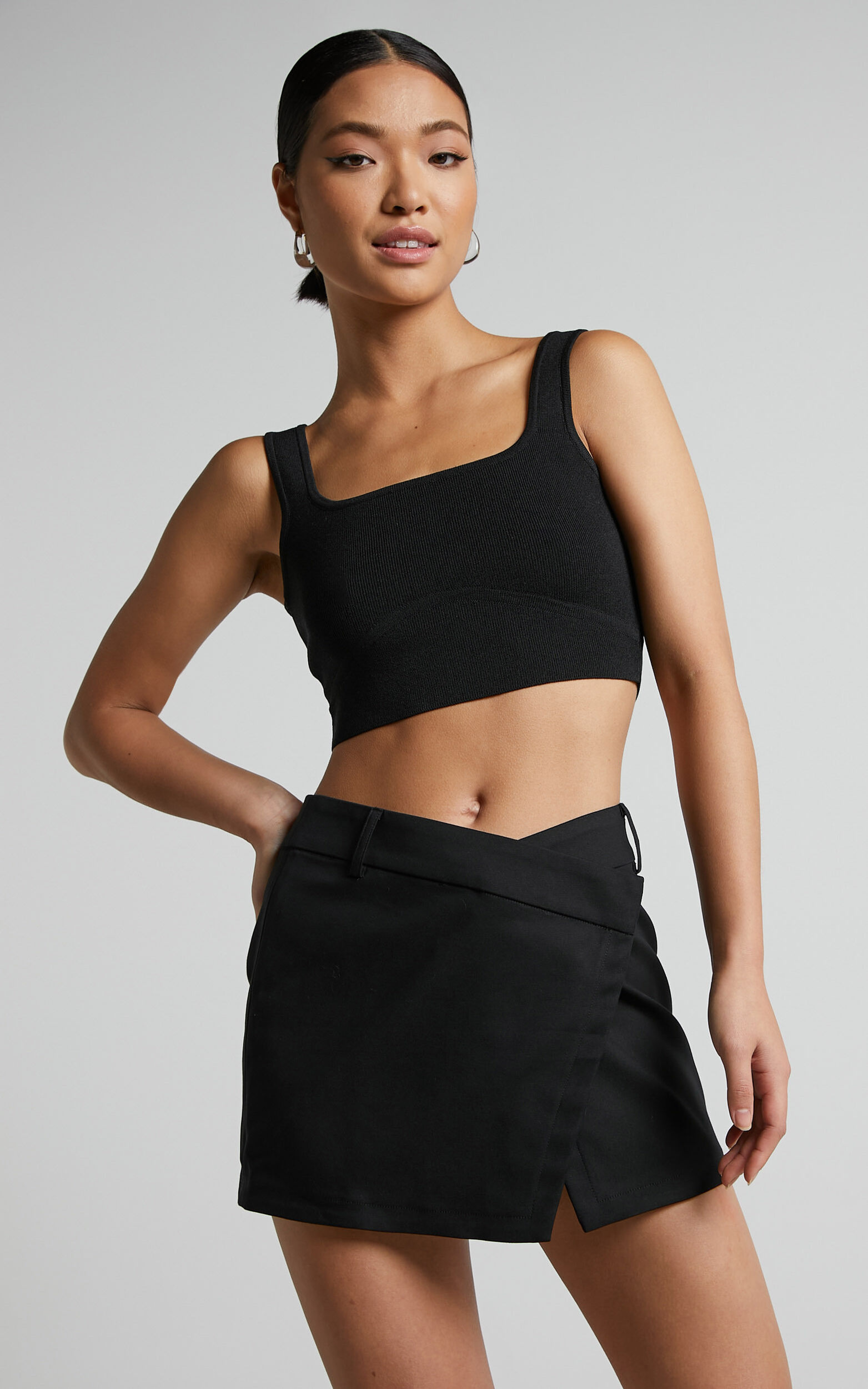 Norisa Mini Skirt - Wrap Front Low Waist Skirt in Black - 04, BLK1