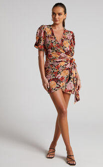 Lorie Mini Dress - Puff Sleeve Wrap Dress in Boheme Floral