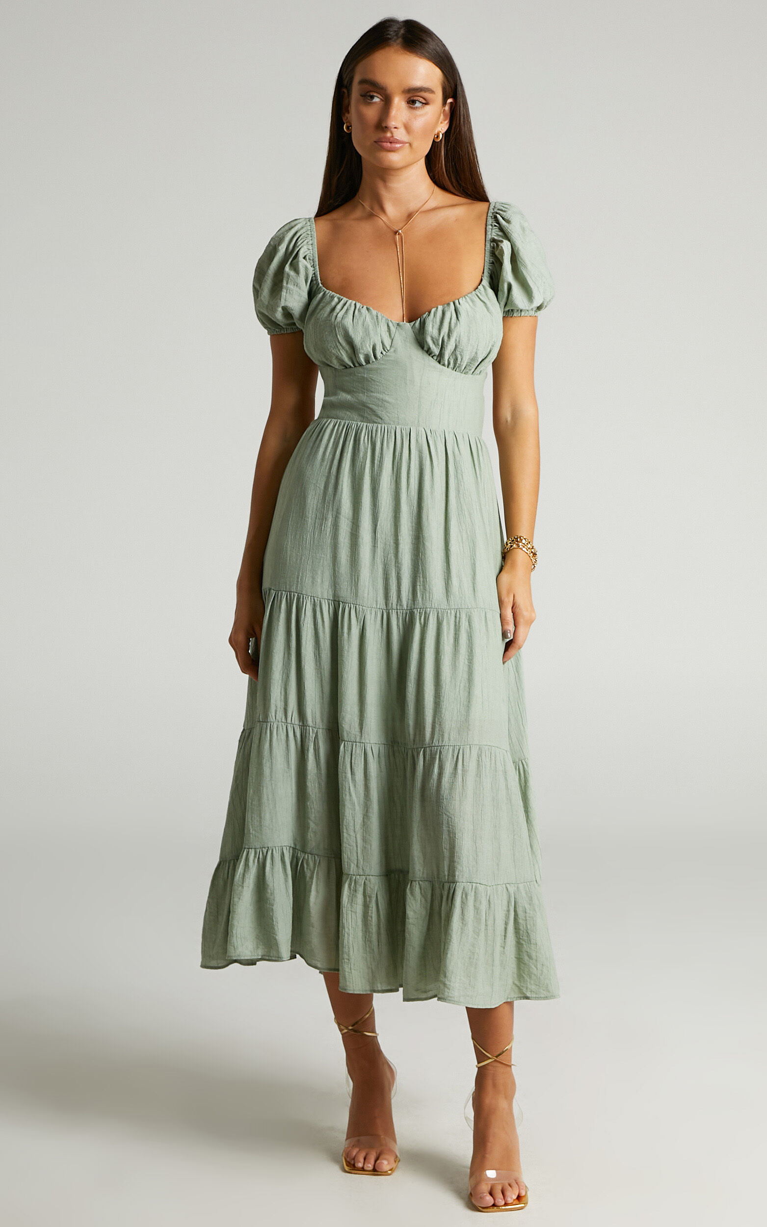 Anita Puff Sleeve Tiered Midi Dress in Sage - 06, GRN1, super-hi-res image number null