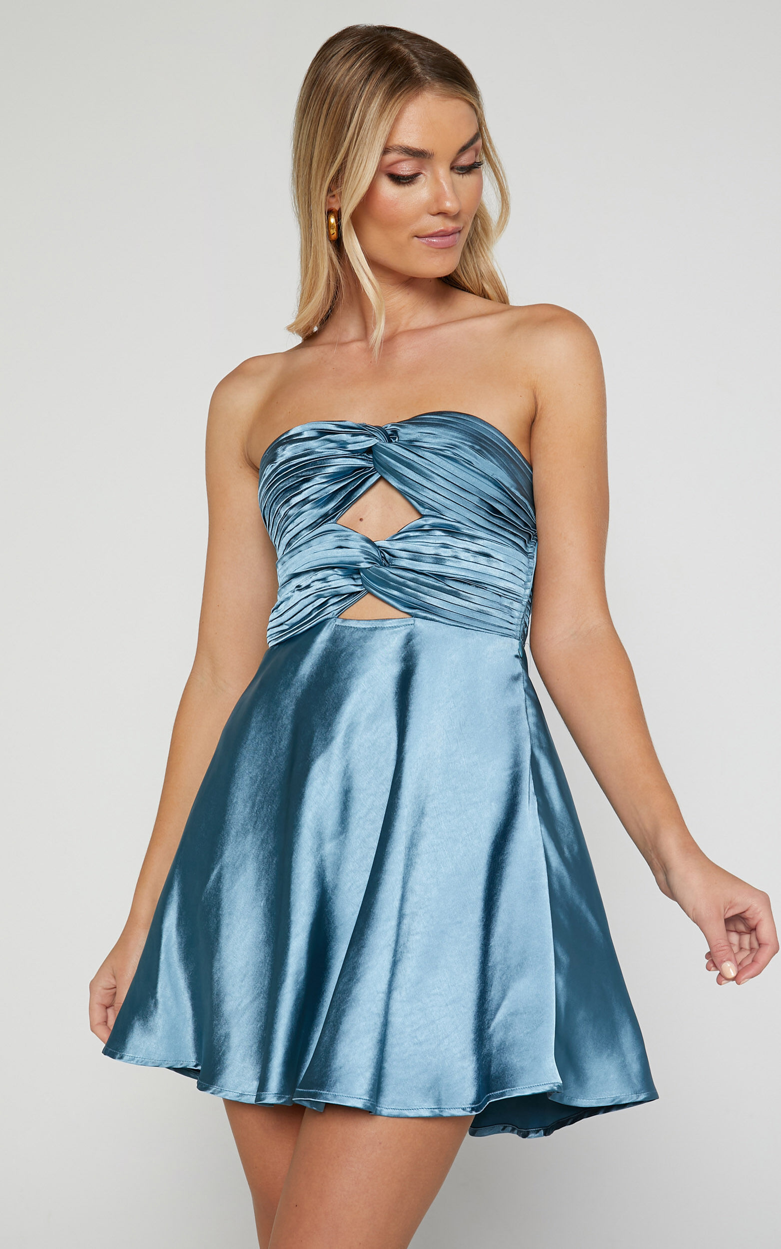 Almaeh Mini Dress - Twist Front Cut Out Strapless Slip Dress in Steel Blue - 06, BLU1