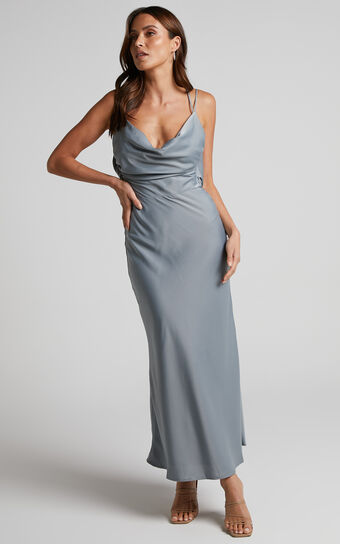 Soft Petal Cowl Crossover Back Midi Dress in Pewter