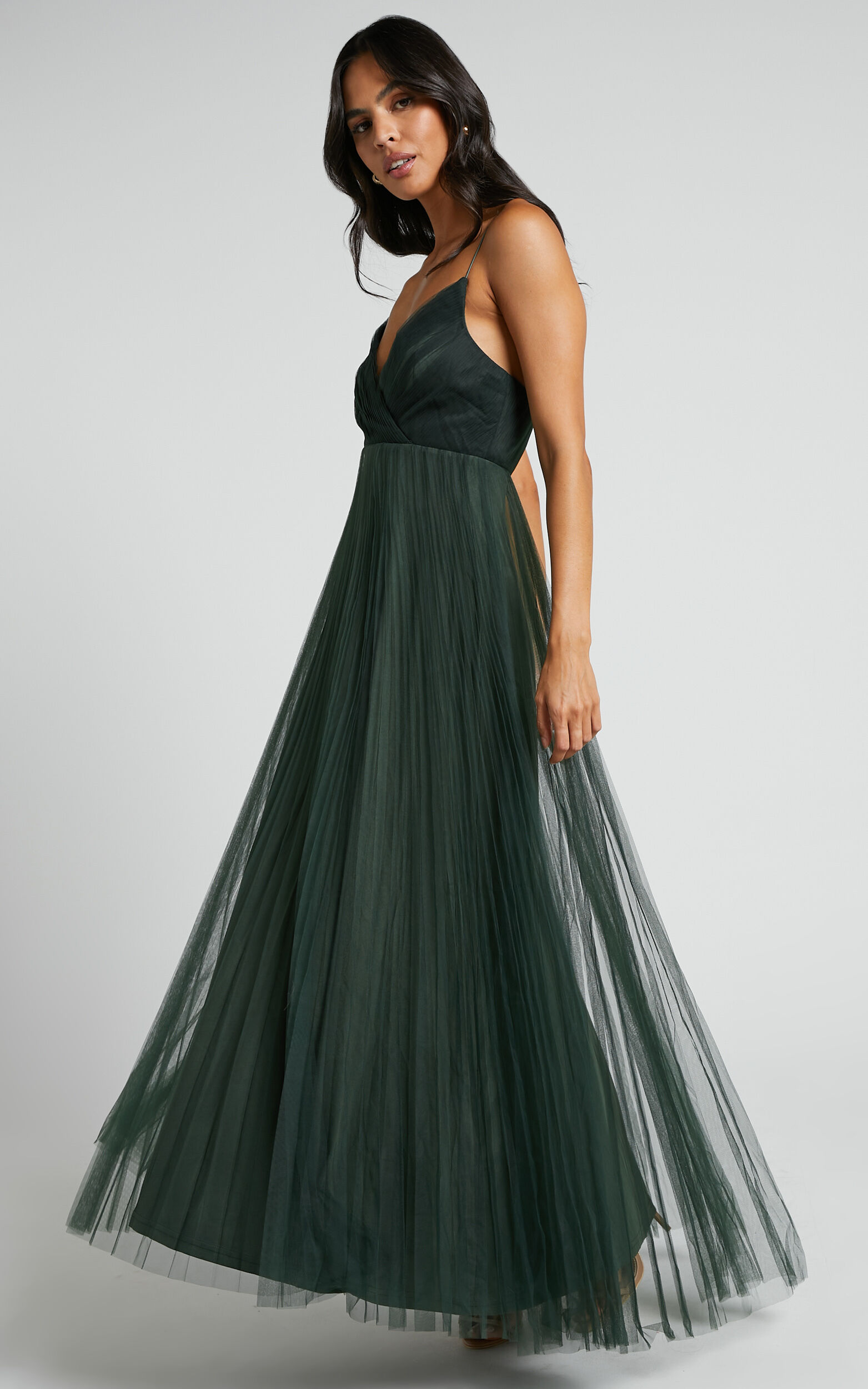 Allany Maxi Dress - Faux Wrap Bodice Pleated Tulle Dress in Emerald