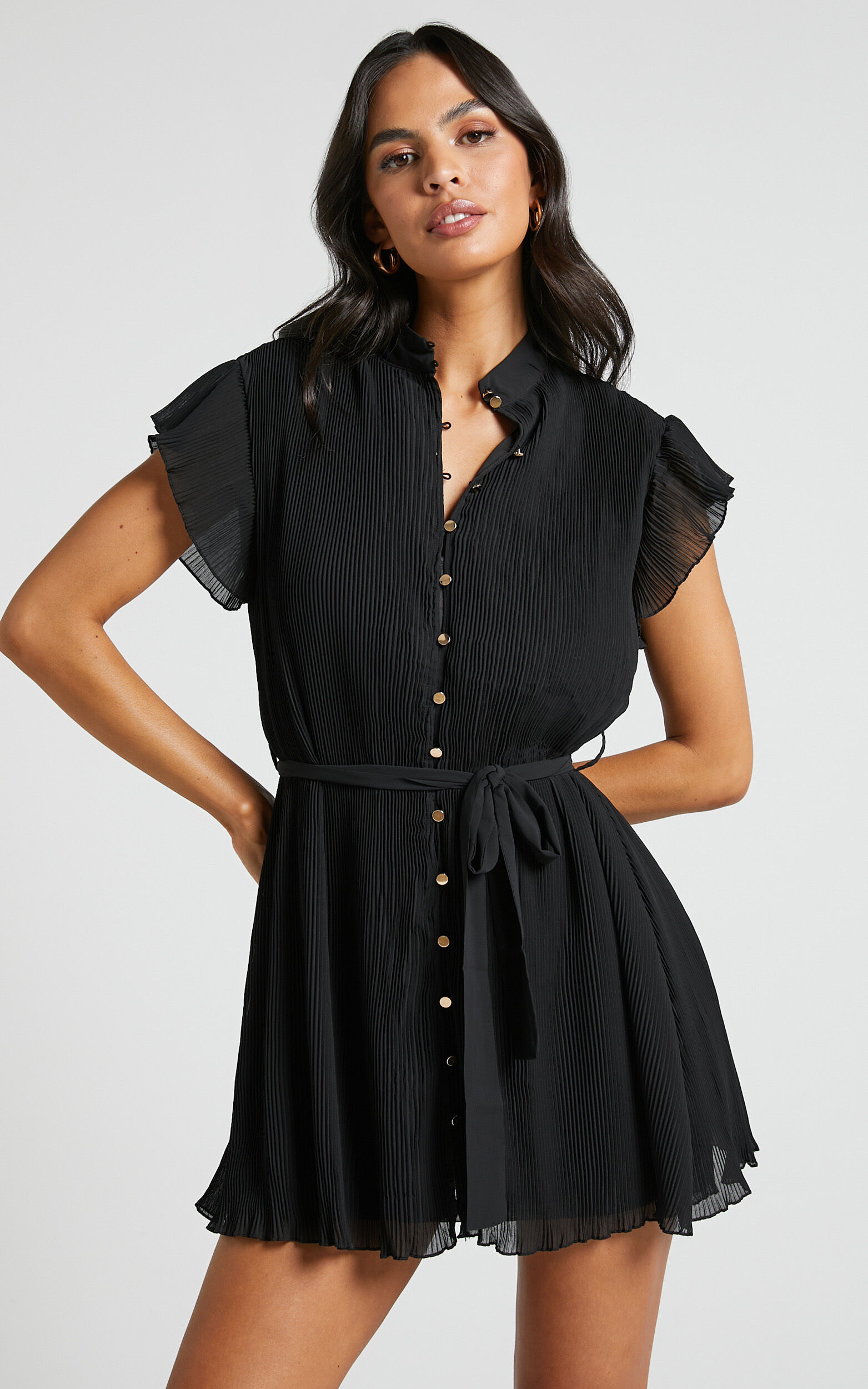 Kerray Mini Dress - Button Up Short Sleeve Tie Waist Dress in Black - 06, BLK1, super-hi-res image number null