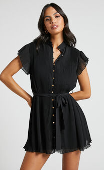 Kerray Mini Dress - Button Up Short Sleeve Tie Waist Dress in Black