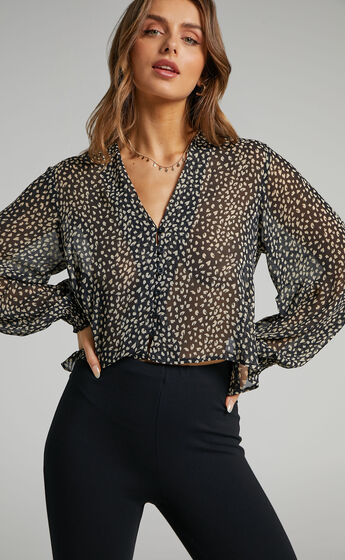 Katleen Leopard Button Through Blouse in Black Print