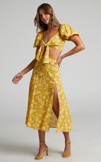 Zilda Tie Front Crop Top and Midi Skirt Two Piece Set in Yellow Floral