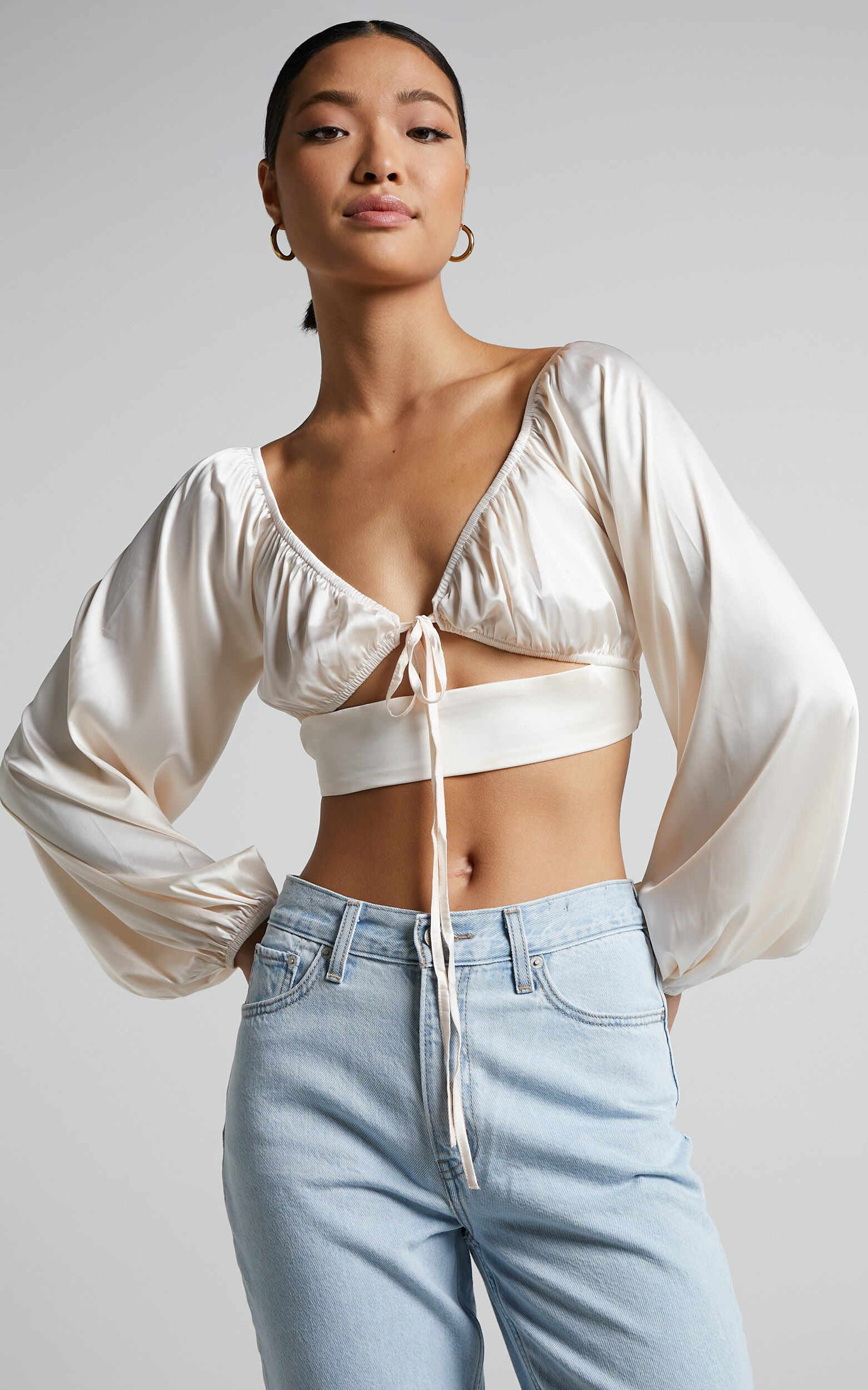 Jamilla Top - Tie Front Long Puff Sleeve Crop Top in Ivory - 04, WHT1, super-hi-res image number null