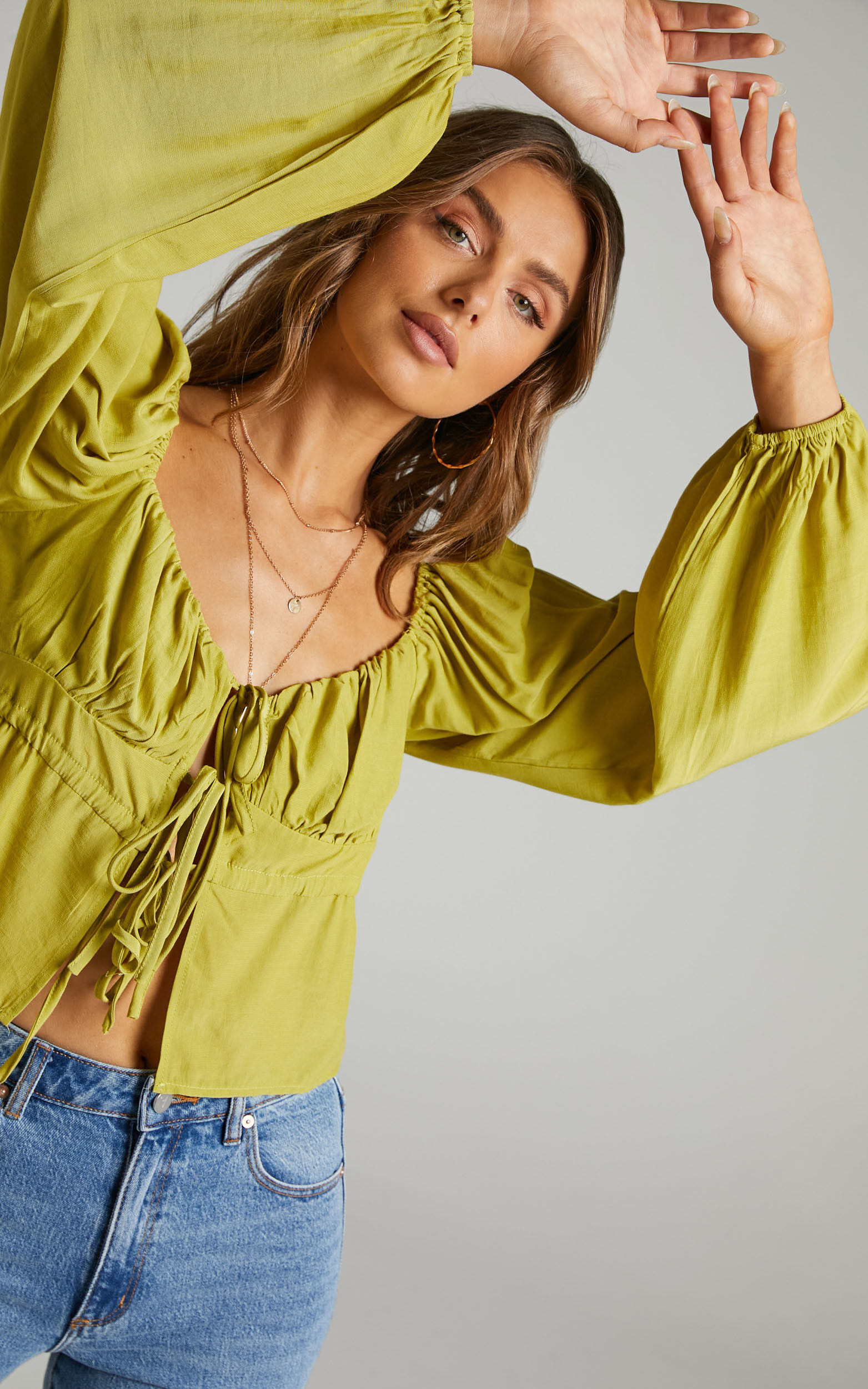 Nadine Long Sleeve Top with Ruched Bust in Chartreuse - 06, GRN3, super-hi-res image number null