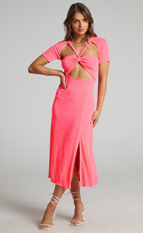 Lyanna Cut Out Midi Dress in Neon Pink