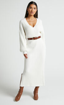 Kartia Midaxi Dress - V Neck Knit Dress in Off White